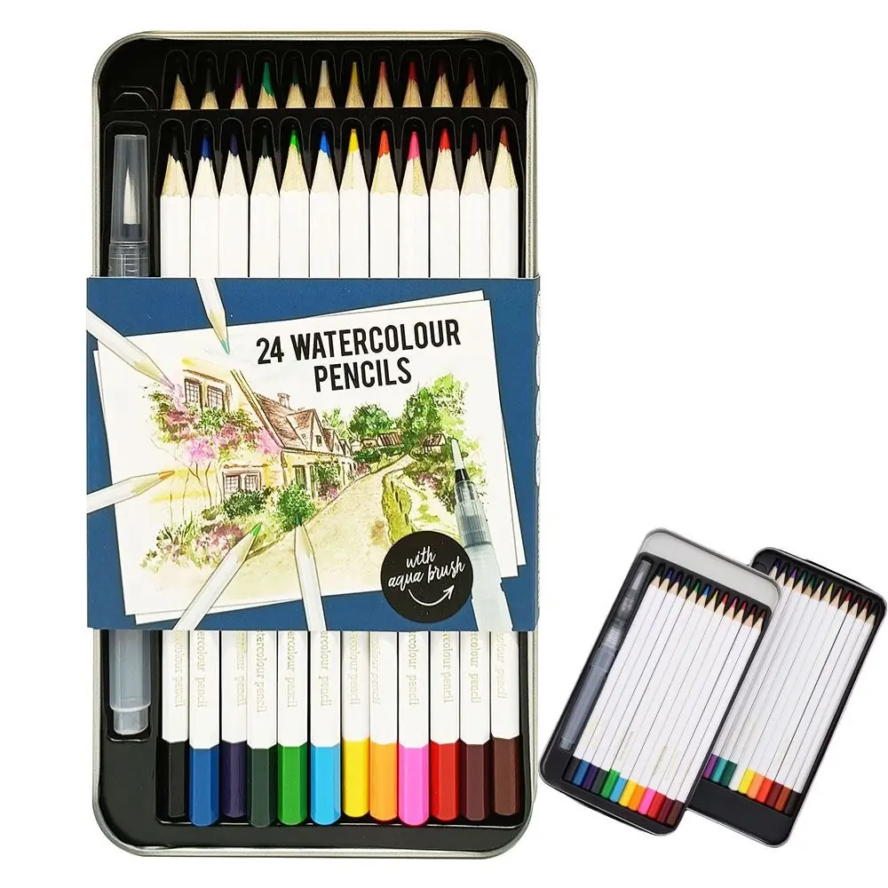 24 Watercolor Pencils with Brush in Tin Box